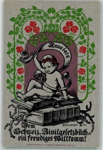 8000 Zürich 1912 Künstlerkarte Dem Schweizer Zivilgesetzbuch ein freudiges Willkomm sign. Sulzberger Verlag Wolfensberger