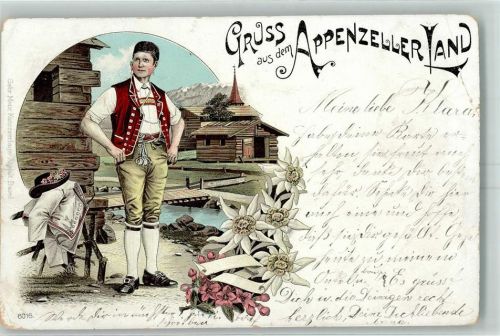 1898 Gebrauchsspuren Gruss aus dem Appenzeller Land Lithographie Tracht