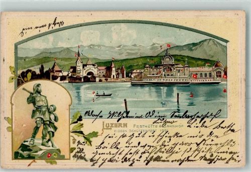 6000 Luzern Lucerne 1904 Prägedruck Eidgen. Schützenfest 1901 Festhütte Bahnhof Schiffe Telldenkmal Passepartout