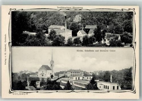 9403 Goldach Foto AK Fabrik Textildruckerei Blumenegg Stickerei Union Kirche Schule