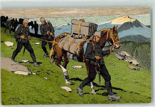 6000 Luzern Lucerne 1914 Künstlerkarte Schweizerische Grenzbesetzung a la Frontiere Gebirgstruppen auf dem Marsch sign. Moos Ort lt. Verlag
