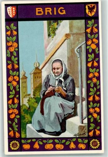 3900 Brig Künstlerkarte Strickende Frau Wappen