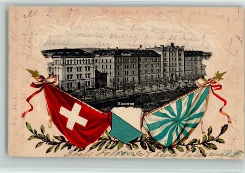 8000 Zürich 1904 Gebrauchsspuren Kaserne Fahnen Lithographie/Prägedruck