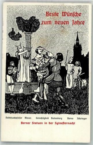 3000 Bern Berne 1909 Lithographie / Künstlerkarte Berner Statuen in der Silvesternacht
