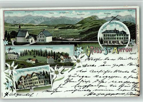 St. Anton Pass 1899 BOAKC Lithographie Gasthaus Pension Alpenhof Schulhaus Gasthaus Pension Zum Rössli Edelweiß