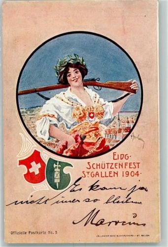 9000 St. Gallen S. Gallo 1904 Gebrauchsspuren Eidgen. Schützenfest Frau Tracht Gewehr