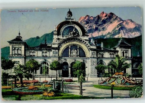 Luzern Lucerne Bahnhof mit dem Pilatus Morgenrot Bahnhof Schweiz 1912 Gebrauchsspuren