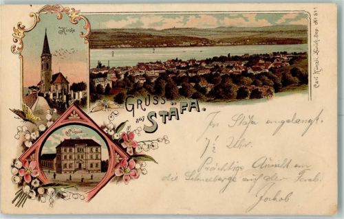 8712 Stäfa 1899 Lithographie Kirche Schule