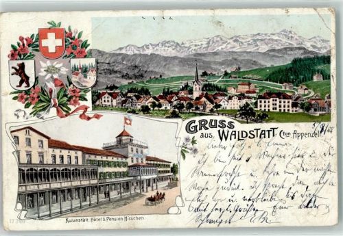 9104 Waldstatt 1909 Gebrauchsspuren Kuranstalt Hotel Pension Hirschen Kirche Wapen Bär Blumen Kutsche