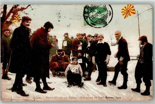 1290 Versoix 1910 - Sport Winersport Schlitten Eislaufen Schlittschuhe Schnee Fahne Ort lt. Stempel