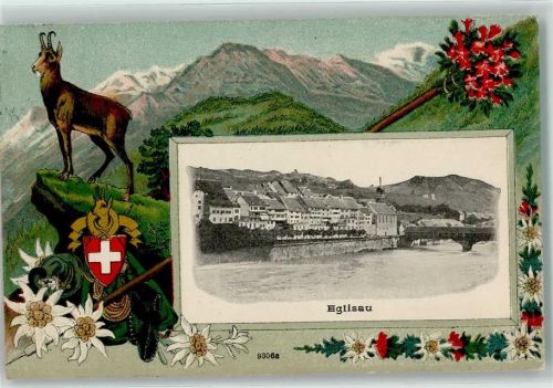 8193 Eglisau Prägedruck Kirche Brücke Blumen Bock Wappen Hut Stock Seil