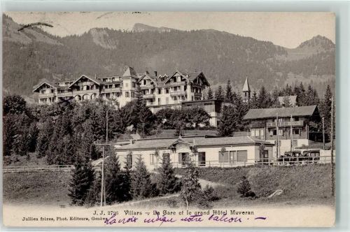 1884 Villars-sur-Ollon 1908 - La Gare et le grand Hotel Muveran Kutsche Kirche