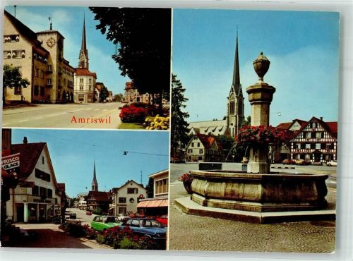 8580 Amriswil 1997 Foto AK Kirche Straße Auto Denkmal Brunnen