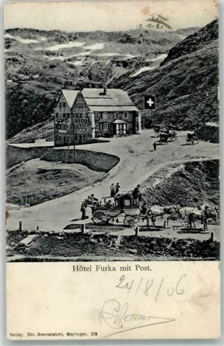 Furka 1906 - Hotel Furka mit Post Postkutsche
