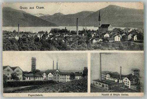 6330 Cham Foto AK Fabrik Nestle und Anglo Swiss Papierfabrik Kirche
