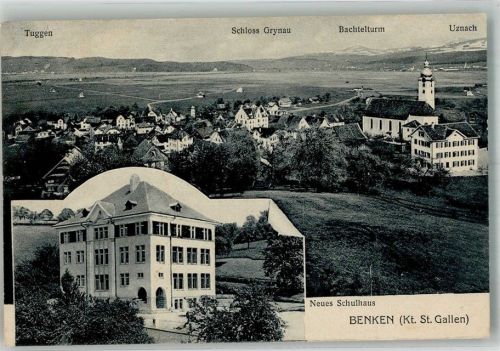 8717 Benken SG 1917 Foto AK Schloss Grynau Schulhaus Kirche
