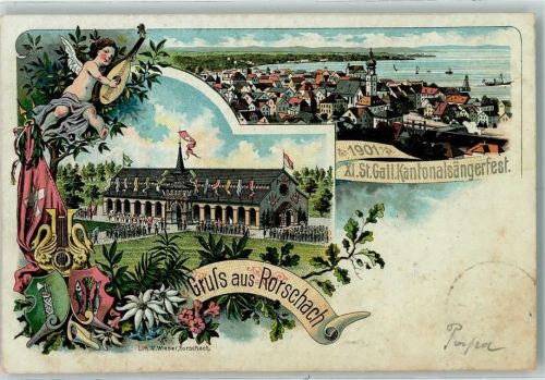 9400 Rorschach 1901 Lithographie XI. St. Gall. Kantonalsängerfest Engel mit Laute