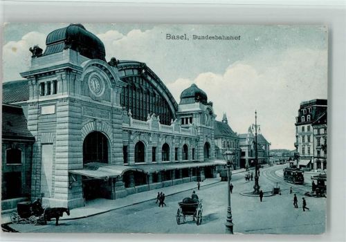 Basel Bâle Bundesbahnhof Pferdekutsche Tram Bahnhof Schweiz 1912