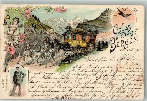 Verlag Künzli Dep. Nr. 771 Posthorn Gruss aus den Bergen Postkutsche Schweiz 1898 Lithographie / Künstlerkarte