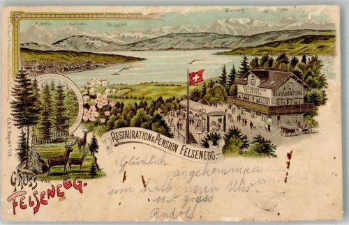 8135 Langnau am Albis 1899 Gebrauchsspuren Gasthaus Pension Felsenegg Lithographie