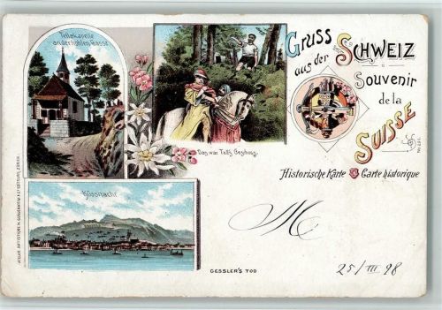 8700 Küsnacht ZH 1898 Lithographie Gruss aus - Historische Karte Verlag Guggenheim Gesslers Tod, AK