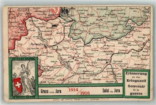 helvetia Gruss aus Jura Erinnerung an die Kriegszeit 1914/1916 Feldpost Bat. 90 Helvetia Gebrauchsspuren