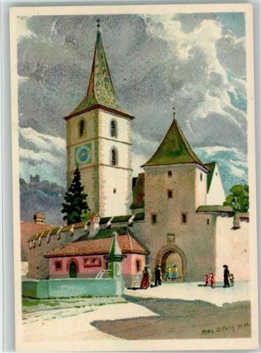 4132 Muttenz Freidorf BL Künstlerkarte Befestigte Kirche sign.