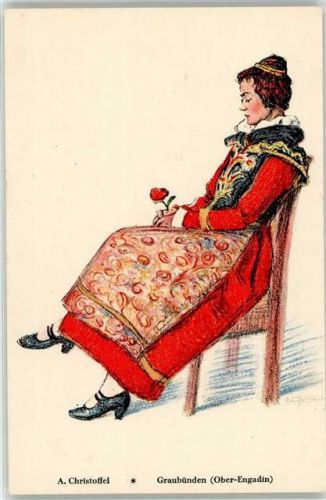 7563 Samnaun Dorf Künstlerkarte Trachten sign. A. Christoffel