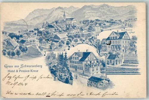 Schwarzenberg 1901 Gebrauchsspuren Hotel Pension Kreuz Lithographie