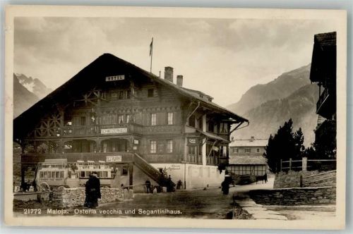 7516 Maloja Foto AK Hotel Schweizerhaus Osteria vecchia Segantinihaus