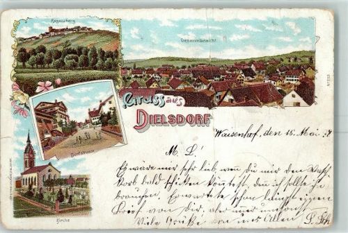 8157 Dielsdorf 1898 Gebrauchsspuren Regensberg Dorfstrasse Kirche Lithographie
