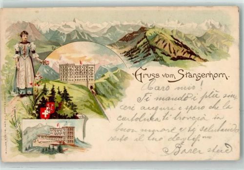 Stanserhorn 1899 Lithographie Bergbahn Hotel Tracht Hüttenstempel