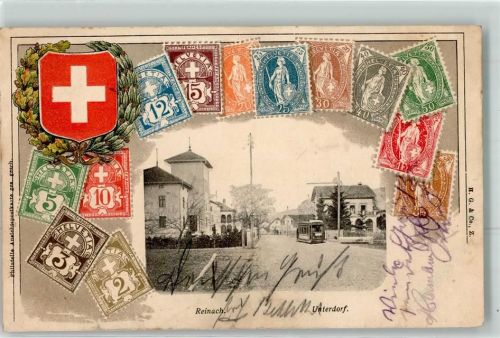 5734 Reinach AG Prägedruck Briefmarken Wappen Straßenbahn Lithographie