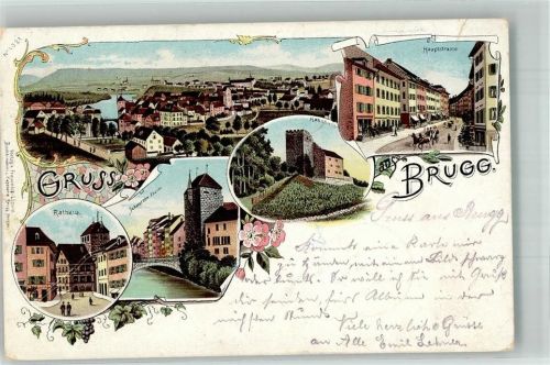 5200 Brugg AG 1902 Gebrauchsspuren Rathaus Schwarzer Turm hauptstrasse Lithographie Stauchungen