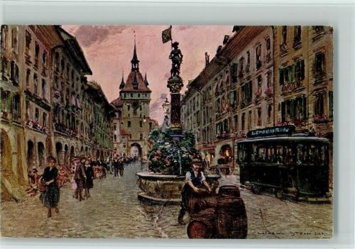 3000 Bern Berne Künstlerkarte Marktgasse mit Käfigturm Stein