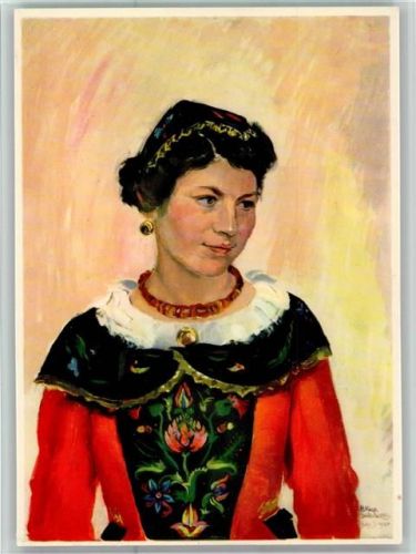 Engadinerin sign. Hans Schwarz Pro Infirmis Schweiz Künstlerkarte