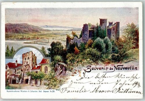 2520 La Neuveville 1899 Lithographie / Künstlerkarte Souvenir Burg Turm sign.