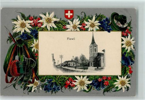 9230 Flawil Lithographie / Prägedruck Passepartout Edelweiss Enzian Rucksack