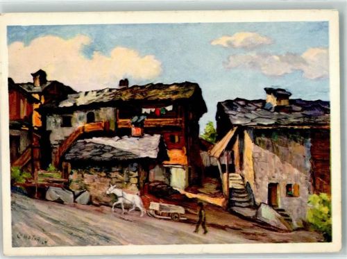 Haute-Nendaz Dorfplatz sign.Wuthrich Pro Infirmis Schweiz Künstlerkarte