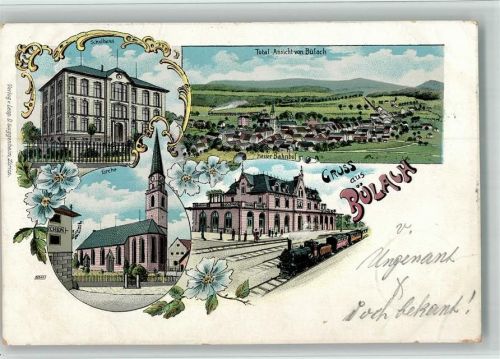 8180 Bülach 1901 BOAKC Lithographie Schulhaus Kirche Neuer Bahnhof Eisenbahn