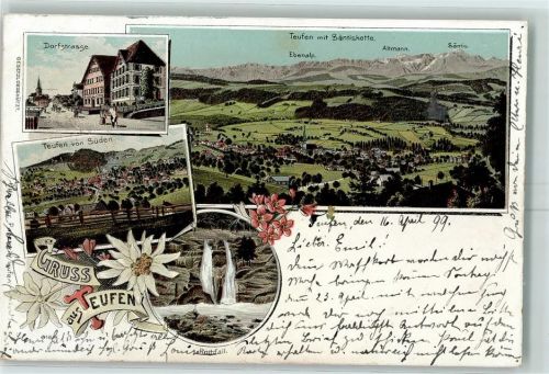 9053 Teufen AR 1899 Lithographie Dorfstrasse Teufen mit Säntiskette Rothfall