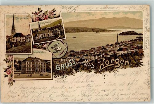 8810 Horgen 1899 Lithographie Protest. Kirche Kath. Kirche Secundarschule Schwan Verlag Künzli Nr 463