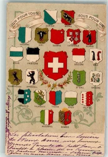 1911 Prägedruck Schweizer und kantonale Wappen