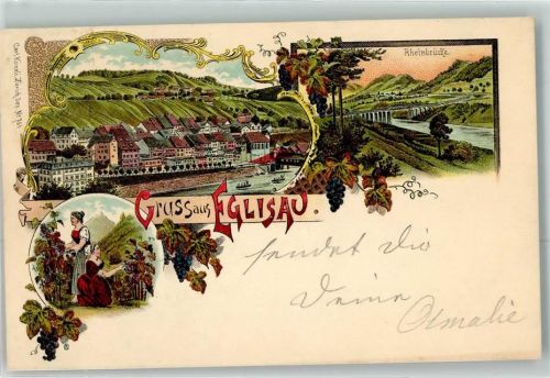 8193 Eglisau 1897 Lithographie Rheinbrücke Weinlese Verlag Künzli Nr 751