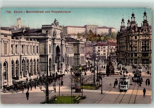8000 Zürich 1909 - Bahnhofplatz Polytechnikum Tram Pferdekutschen