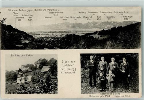 9413 Oberegg 1913 - Gasthaus zum Falken Geschwister-Gruppe Katharina Seppetoni Blick vom Falken gegen Rheintal und Vorarlberge Sulzbach