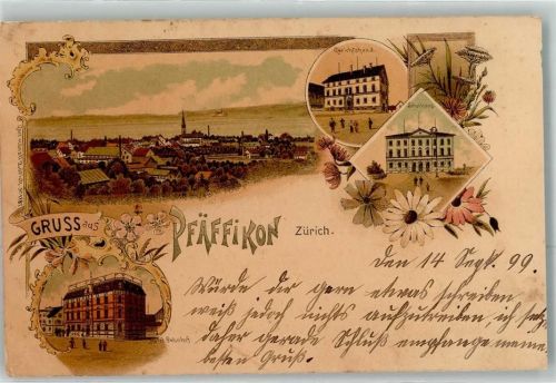 8330 Pfäffikon ZH 1899 Lithographie Gerichtshaus Schulhaus Hotel Bahnhof Verlag Künzli Nr 1787