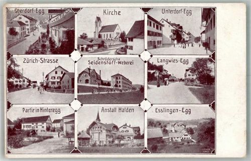 8132 Egg bei Zürich 1912 Foto AK Fabrik Seidenstoff-Weberei Anstalt Halden Kirche Langwies Egg Esslingen-Egg Hinteregg