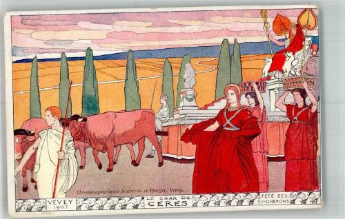 1800 Vevey 1905 Lithographie Winzerfest Wein Fete des Vigneros Le Char de Ceres allegorischer Festwagen