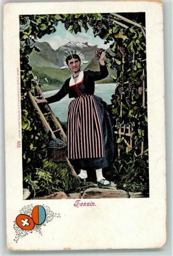 Tessiner Trachtenfrau beim Trauben ernten